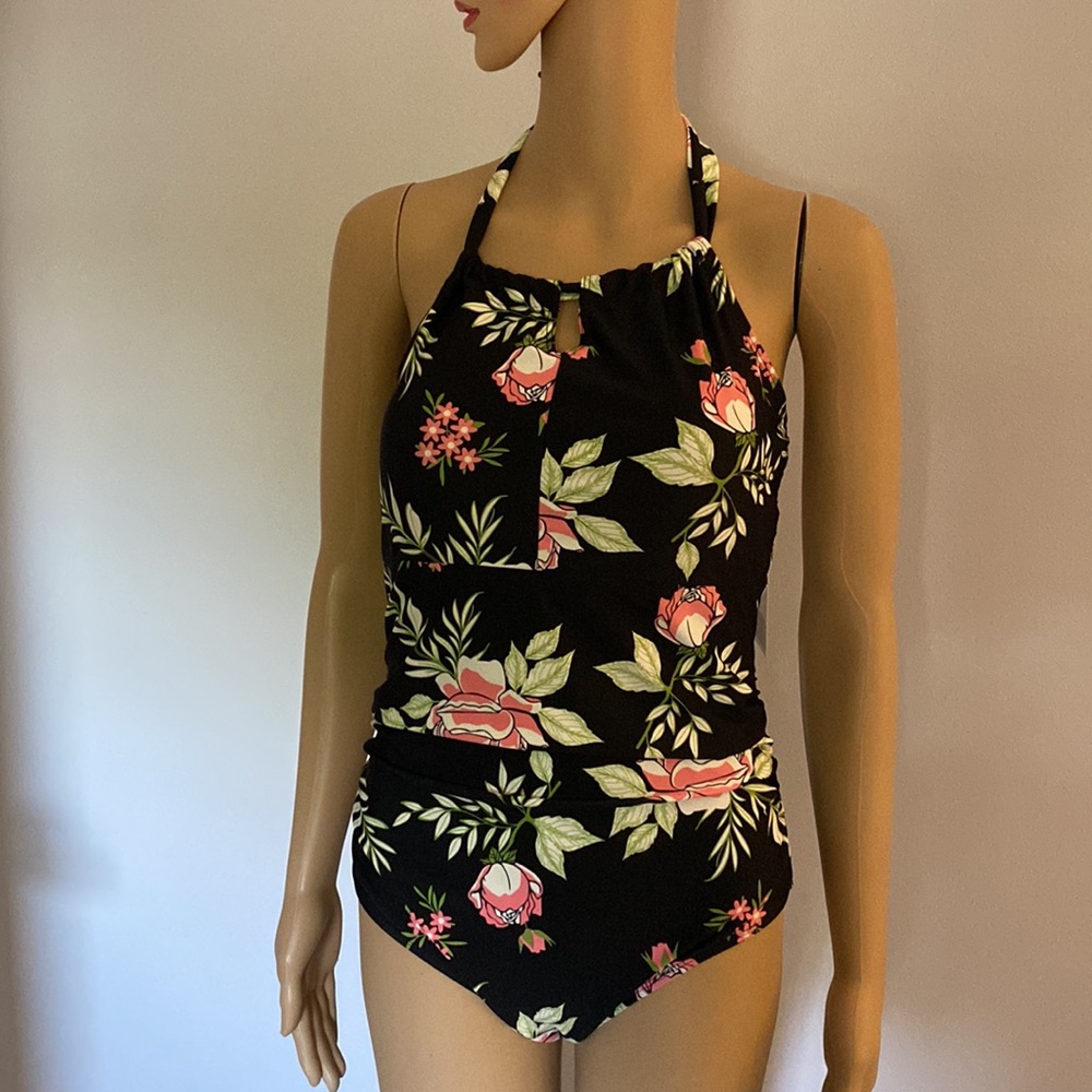 NWT sz M(8-10) Crane one piece swimsuit, tied in back.Black with rose print! - Picture 1 of 8